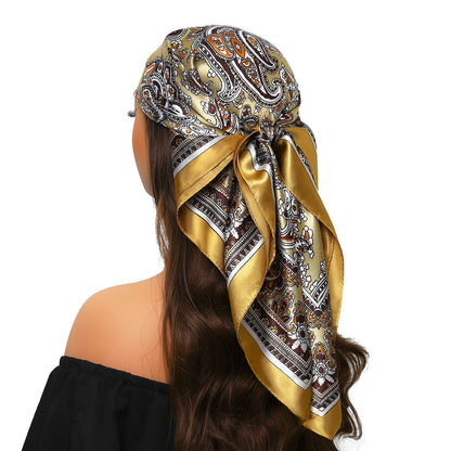 Head Scarf Women Luxury Brand Square 90*90cm Silk Foulard Satin Bandana Cheveux Soft Neckerchief Hijab Hair Scarves For Ladies - AMULET RING STORE