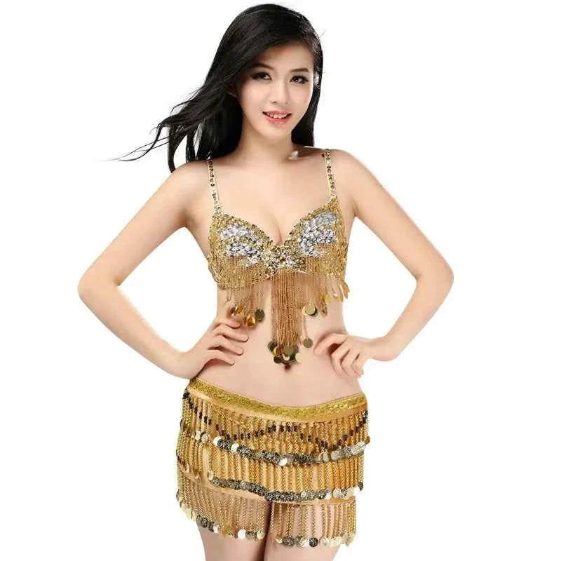Women's Sexy Belly Dance Suit Charming Pole Dancewear Sequins Tassel Bra With Mini Skirt Stage Performance Costume