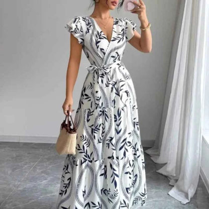 New Summer Women's Printed Lace-up Dress,Short Sleeved Dresses,White Dresses,Elegant Dresses For Ladies,Woman's 2025 Clothing
