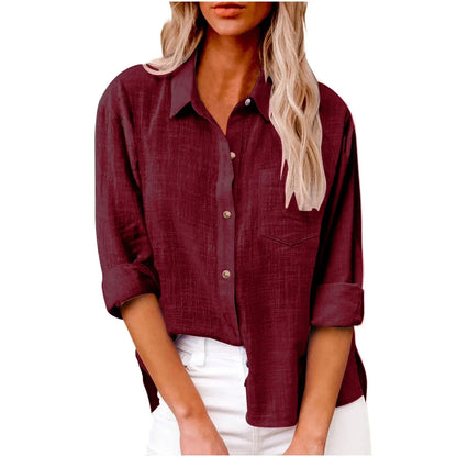 Cotton Linen Long Sleeve Shirts for Women T Shirt Solid Fashion T-Shirt Woman Clothes Tshirt Elegant Casual Tops Tees Streetwear