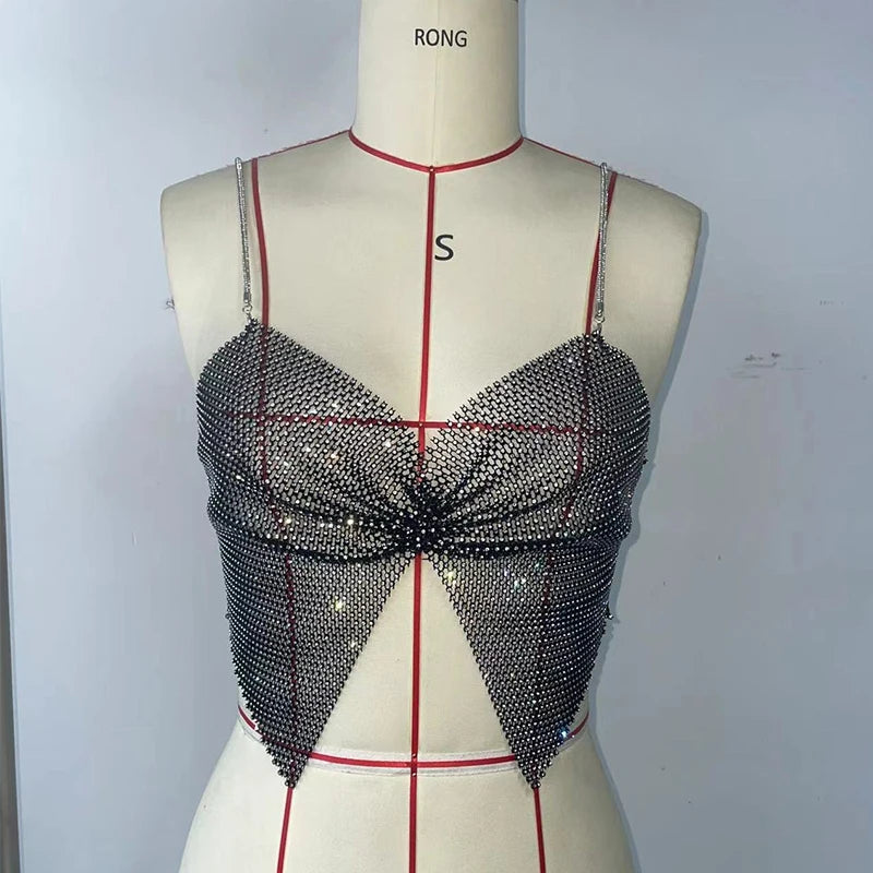 Summer Women Elastic Fishnet Crop Top Glitter Rhinestone Mesh Fine Flash Shoulder Strap V Neck Tank Top Rave Festival Camisole - AMULET RING STORE