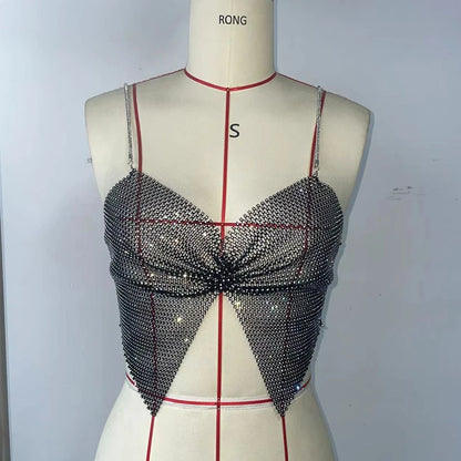 Summer Women Elastic Fishnet Crop Top Glitter Rhinestone Mesh Fine Flash Shoulder Strap V Neck Tank Top Rave Festival Camisole - AMULET RING STORE