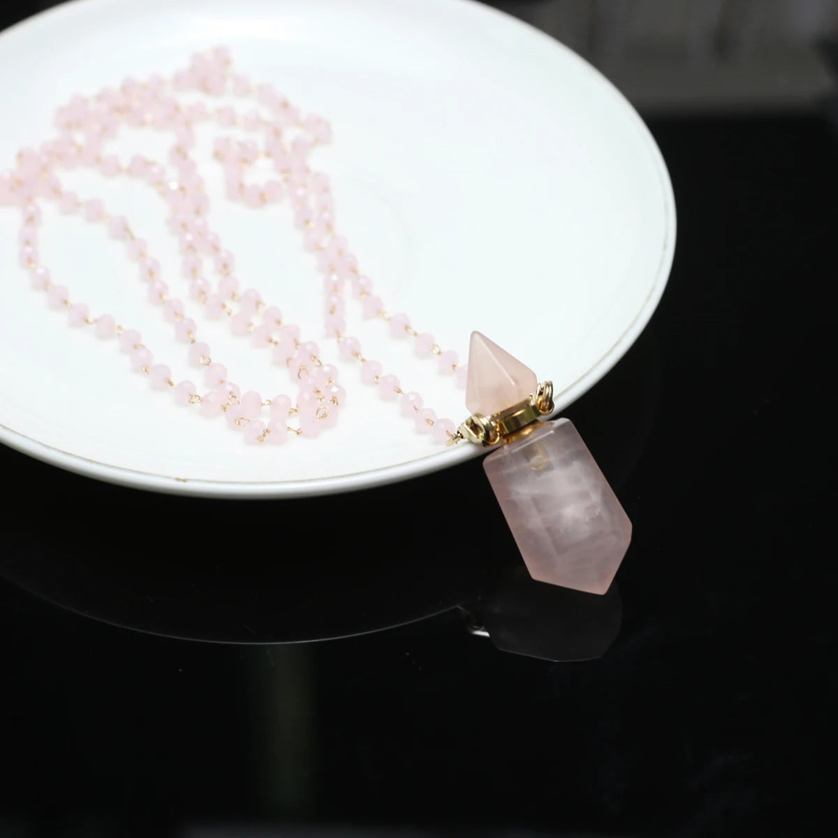 Natural Stone Rose Clear Quartz Perfume Bottle Pendant Pearl Gravel Chain Essential Oil Diffuser Charms Women Jewerly Necklace - AMULET RING STORE