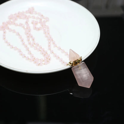 Natural Stone Rose Clear Quartz Perfume Bottle Pendant Pearl Gravel Chain Essential Oil Diffuser Charms Women Jewerly Necklace - AMULET RING STORE