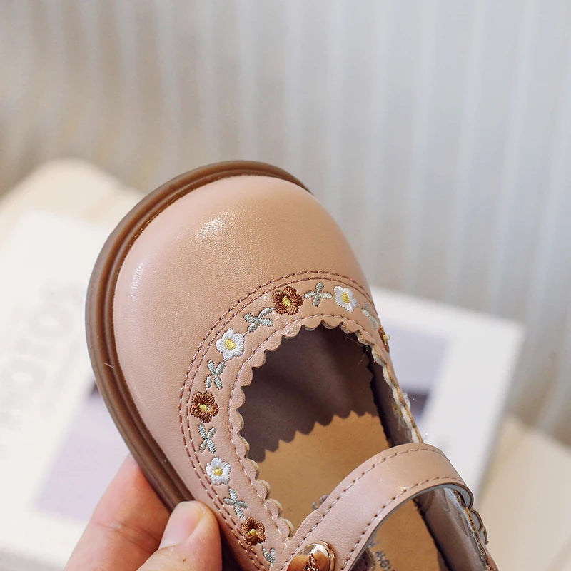 Toddler Girl's Mary Janes Flower Embroider Shallow Sweet Children Leather Shoes Three Colors Hook-loop Comfy Kids Shoe 21-30 - AMULET RING STORE