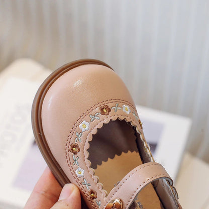 Toddler Girl's Mary Janes Flower Embroider Shallow Sweet Children Leather Shoes Three Colors Hook-loop Comfy Kids Shoe 21-30 - AMULET RING STORE