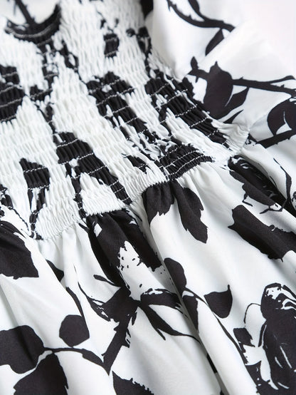 2024 European and American fashion plus size women's new flower print A-line skirt bow tie slit dress