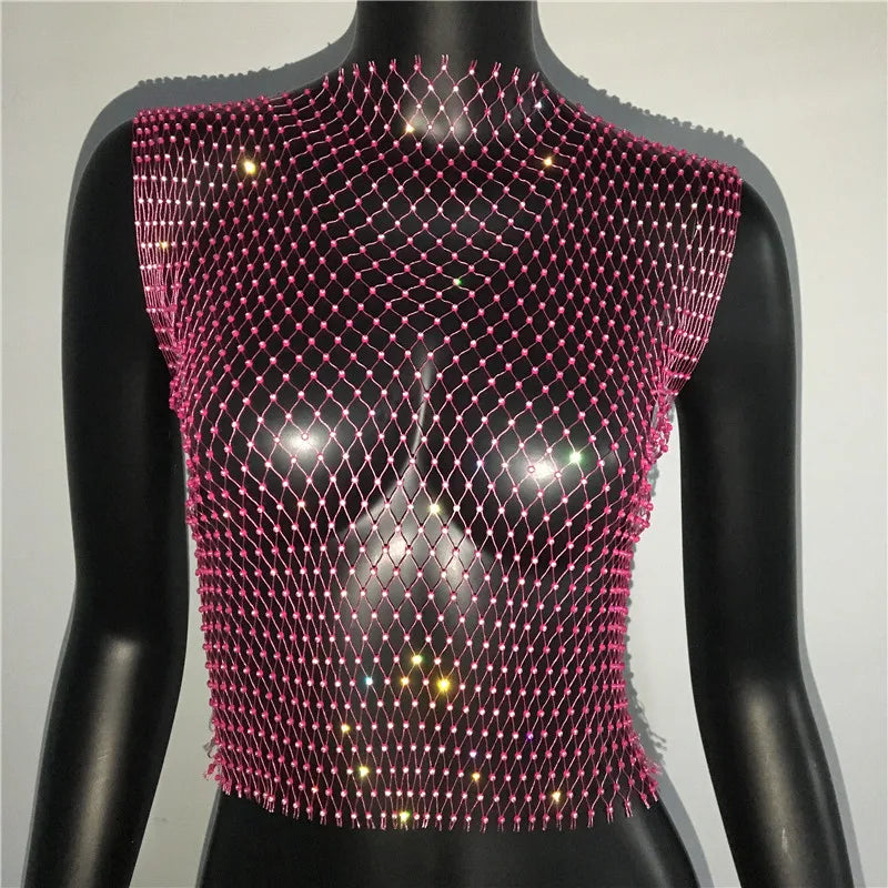 Women's Fishnet Rhinestone Crop Top 2024 Summer Sexy Mesh High Elastic Black White Shirt Net See Through Rave Diamond Tank Top - AMULET RING STORE