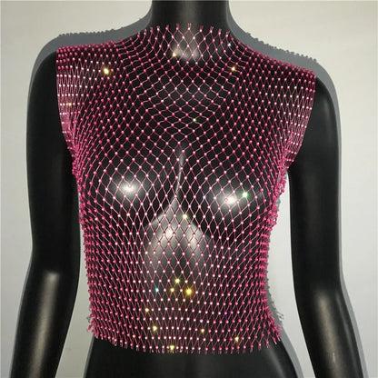 Women's Fishnet Rhinestone Crop Top 2024 Summer Sexy Mesh High Elastic Black White Shirt Net See Through Rave Diamond Tank Top - AMULET RING STORE