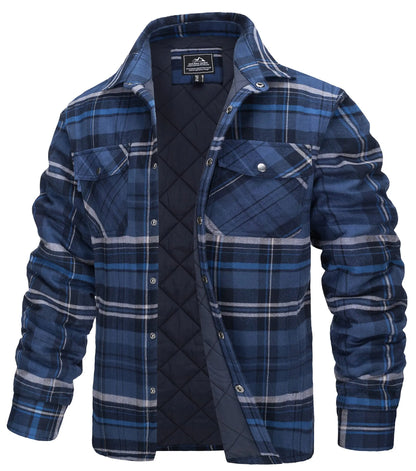 TACVASEN Winter Plaid Cotton Jackets Mens Long Sleeve Quilted Lined Flannel Shirt Jacket Multi-Pockets Outwear Hiking Coats Tops