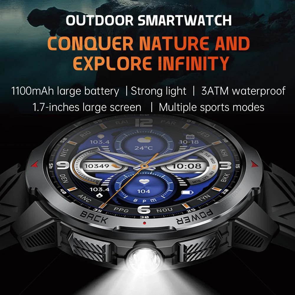 1100mAh Super Capacity Battery Military Outdoor Smart Watch Men 1.7inch Screen Compass Bluetooth Call 3ATM Waterproof SmartWatch