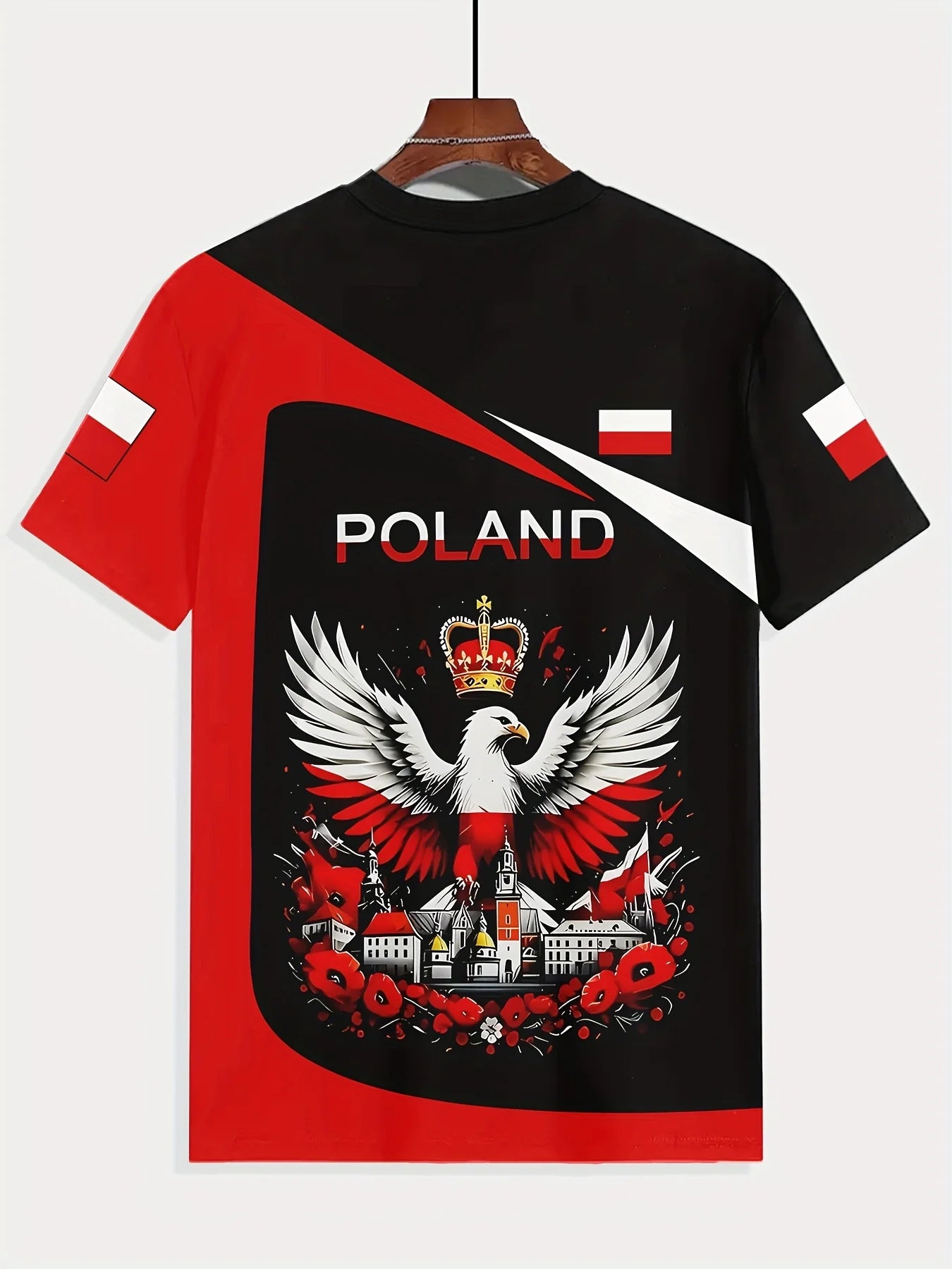 Men's 3D Eagle & Polish Flag Graphic T-Shirt - Patriotic Poland Design Black with Red & White Accents Casual Round Neck Tee - AMULET RING STORE