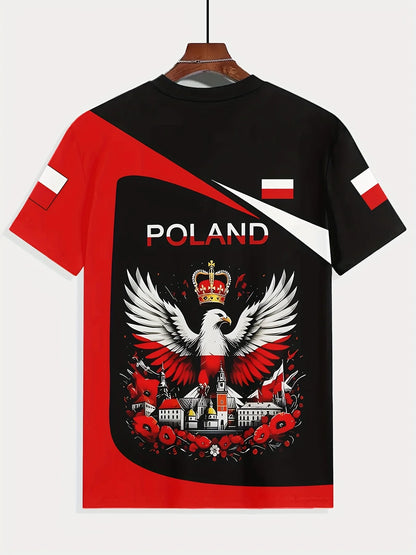 Men's 3D Eagle & Polish Flag Graphic T-Shirt - Patriotic Poland Design Black with Red & White Accents Casual Round Neck Tee - AMULET RING STORE