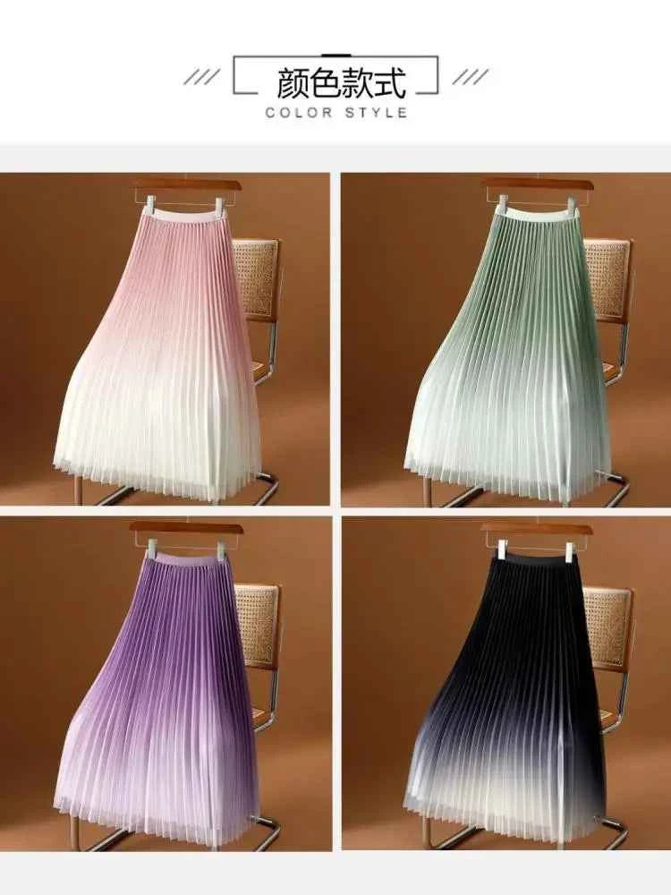 2023 Summer Tulle Mesh Gradient Skirt High-end High Waist Long Skirt Elegant Evening Party Sexy A-line Pleated Skirts Women Boho