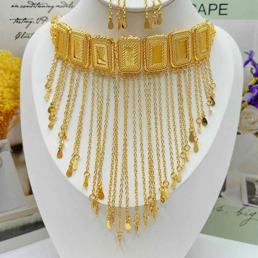 Earring Tassel Necklace Middle East 4pcs Jewelry Women Cuff Bangles with Ring Jewelry Dubai Fashion Set African Jewelry Wedding