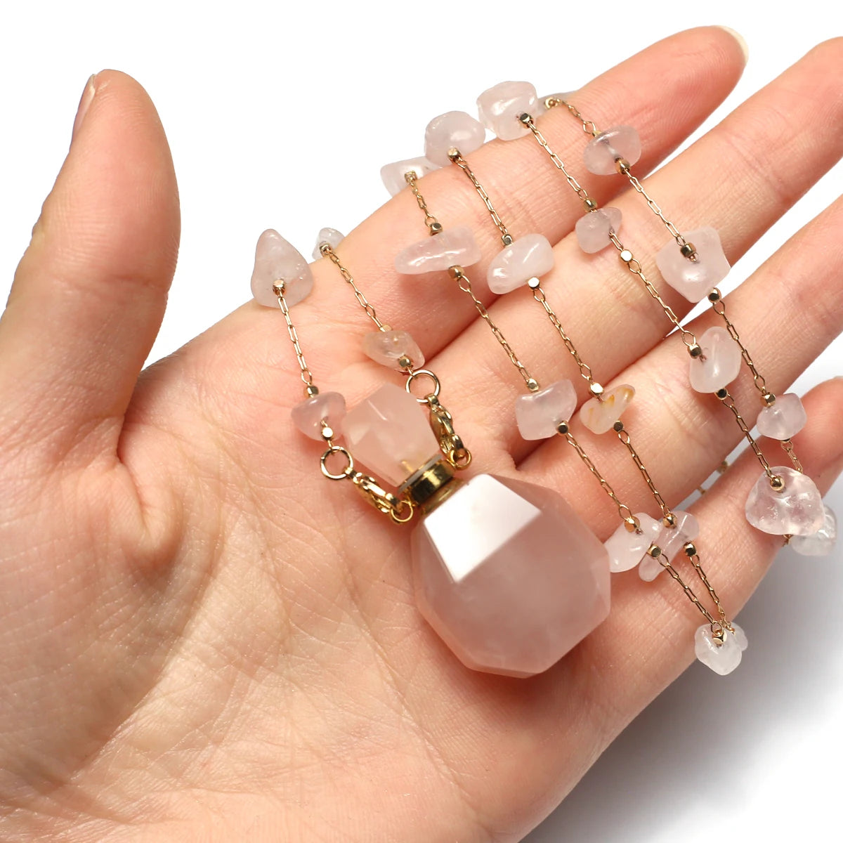 Natural Amethysts Perfume Bottle Necklace Essential Oil Diffuser Amethysts Gravel Stone Chain for Jewerly Party Gift 17x38x13mm - AMULET RING STORE