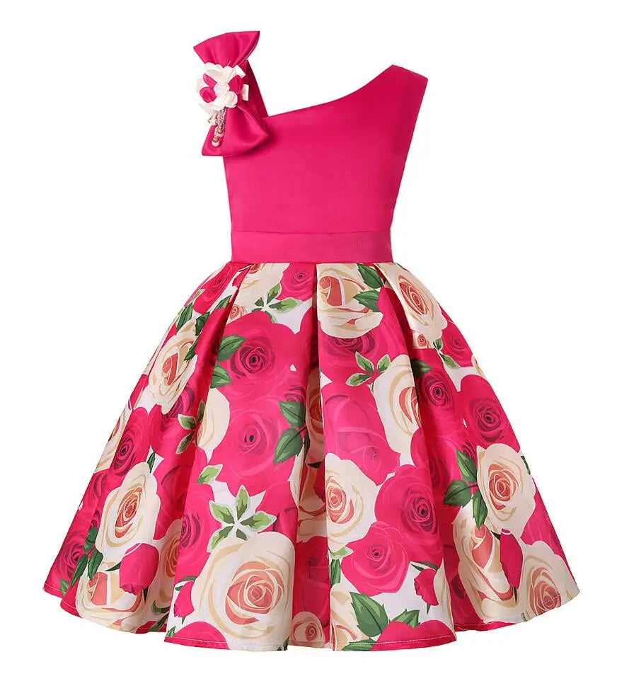 Summer Girls Rose Print Dress Princess Wedding Birthday Party Frocks Satin Children Vestidos Dresses For Girl Christmas Clothing