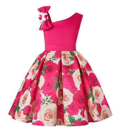 Summer Girls Rose Print Dress Princess Wedding Birthday Party Frocks Satin Children Vestidos Dresses For Girl Christmas Clothing