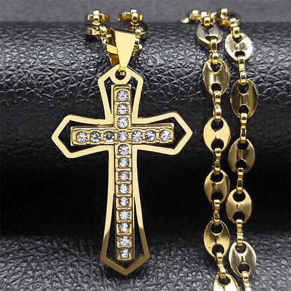 Jesus Cross Crucifix Pendant Necklace for Men Stainless Steel Gold Color Christian Coffee Bean Chain Jewelry croix chrétienne - AMULET RING STORE