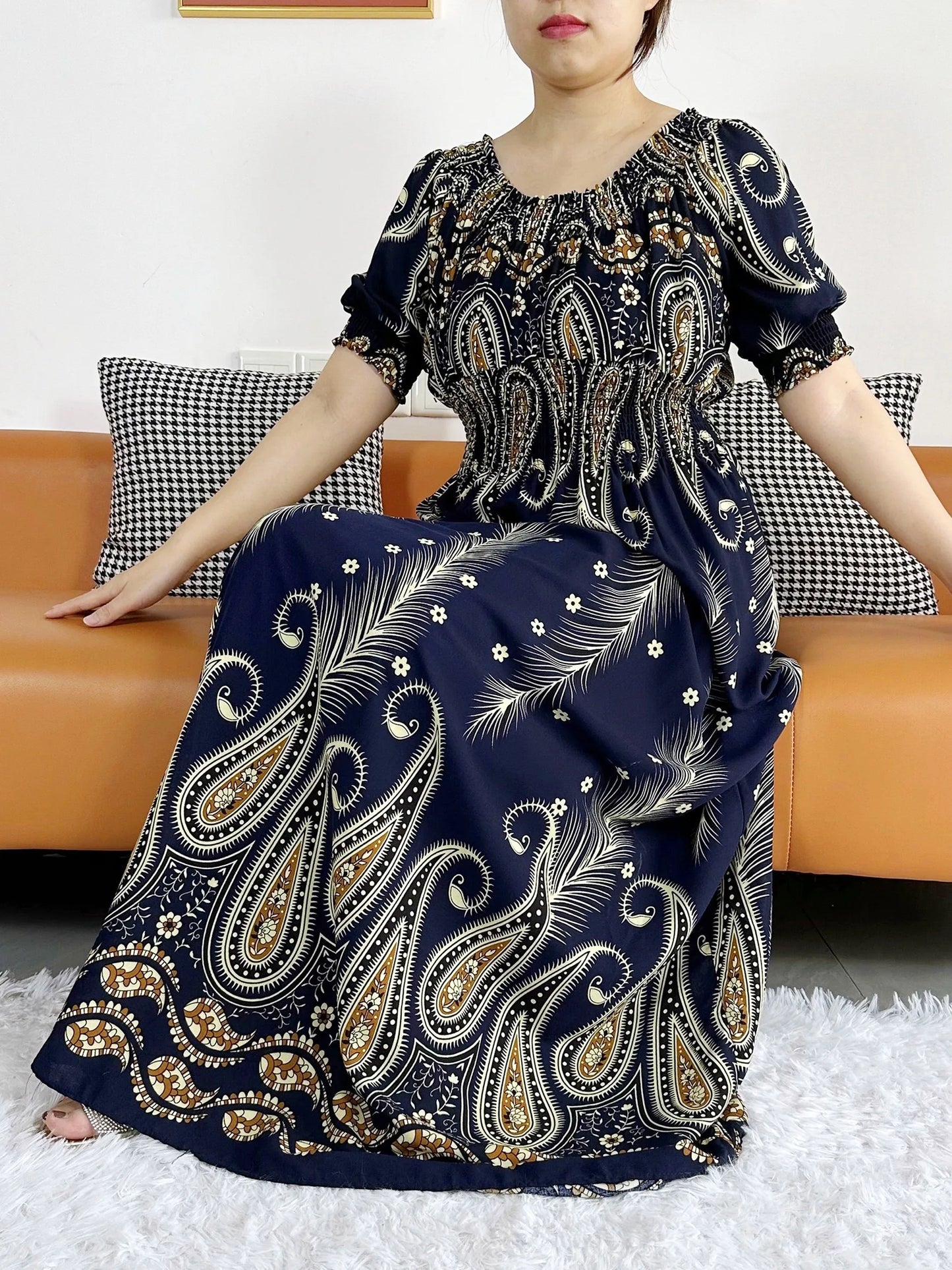 New Summer Women Abaya Short Sleeve Dashiki Floral Collect Waist Loose Maxi Robe Floral Femme Musulmane African Printing Abaya