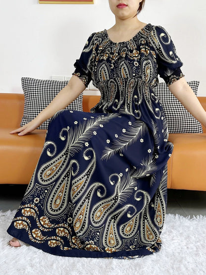 New Summer Women Abaya Short Sleeve Dashiki Floral Collect Waist Loose Maxi Robe Floral Femme Musulmane African Printing Abaya