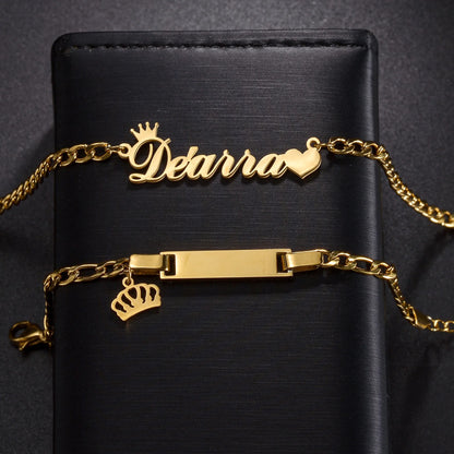 Custom Engrave Children's Name Bracelet 35cm Necklace Stainless Steel Jewelry Sets for Kids Baby Personlized Crown Birthday Gift