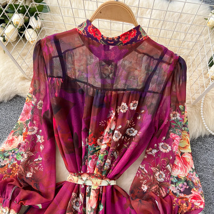 SINGREINY Vintage Print Chiffon Dresses Women Lantern Sleeve O Neck Design Fashion High Quality Court Floral Pleated Long Dress