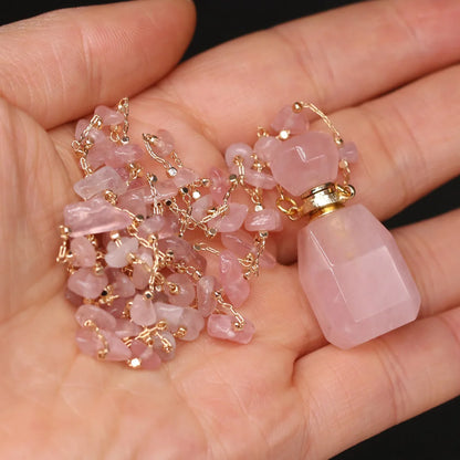 Natural Stone Rose Quartz Perfume Bottle Essential Oil Diffuser Reiki Healing Exquisite Necklace Jewelry Gift - AMULET RING STORE