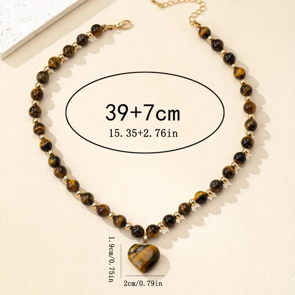 Luxurious Tiger Eye Stone Beaded Necklace for Women Men Heart Pendant High Quality Choker Elegant Style Jewelry Accessories Gift