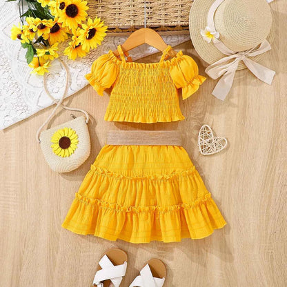 Girls Summer Sunflower Outfit with Shoulder Bared Bubble Sleeve Top And Flounce Hem Short Skirt Two Piece Set
