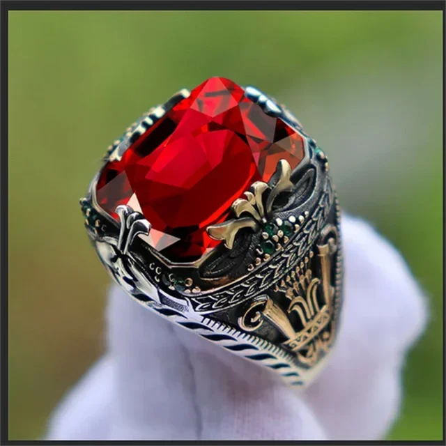 Red Emerald Men's Ring Turkey Retro Domineering Personality Ring AMULET RING STORE