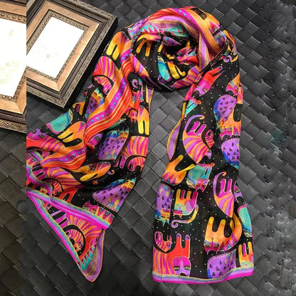 Brand Beige Cartoon Cat 100% Silk Scarf Shawl Bufanda Women Spring Fall Fashion Large Size Winter Long Scarves Bufanda 180*110cm