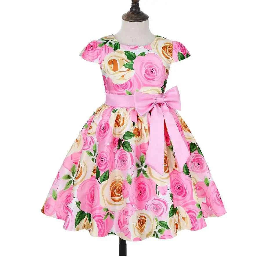 Summer Girls Rose Print Dress Princess Wedding Birthday Party Frocks Satin Children Vestidos Dresses For Girl Christmas Clothing