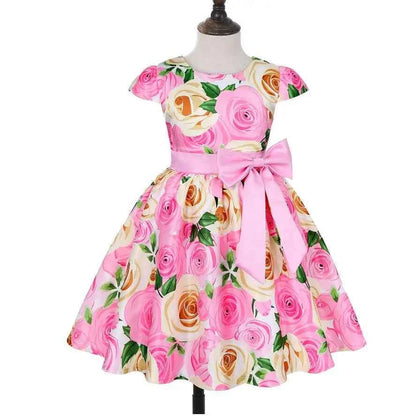 Summer Girls Rose Print Dress Princess Wedding Birthday Party Frocks Satin Children Vestidos Dresses For Girl Christmas Clothing