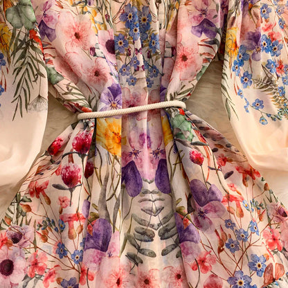 Faionable Print Long Dr Women's Spring Belted Waist Pleated Lantern Sve Turn-down Collar Dr Korean Sle Commute