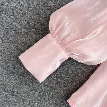 Spring Women's New Harajuku Tops V-neck Solid Color Bowknot Lantern Sleeves Loose Fashion Elegant Mesh Temperament Ladies Shirt