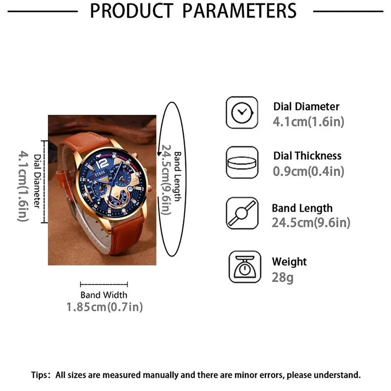 2PCS Set Fashion Mens Calendar Watches Luxury Male Business Casual Brown Leather Quartz Watch Men Bracelet Wrist Watch - AMULET RING STORE