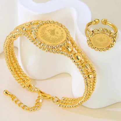 Luxury Turkish Coins Charm Jewelry Set 24k Gold Plated Kurdish Muslim Bridal Open Bangles Ring Middle Eastern Vintage Jewelrys