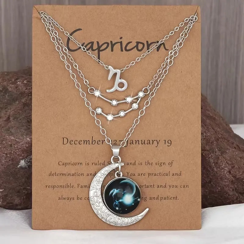 3 Pieces/Set Zodiac Retro Moon Glow Pendant Necklace Set with Birthstone Cards, Birthday Gift for Besties and BFFs