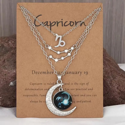 3 Pieces/Set Zodiac Retro Moon Glow Pendant Necklace Set with Birthstone Cards, Birthday Gift for Besties and BFFs