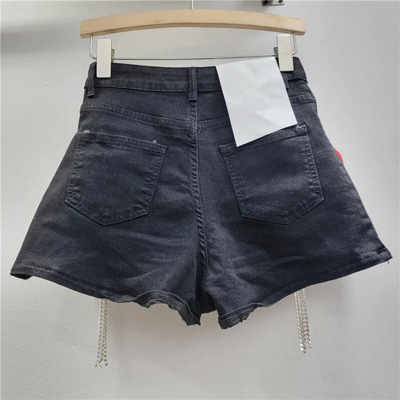 WTHT Trendy Women's Spliced 3D Bows Diamonds Tassel Denim Shorts 2025 Summer Trendy High Waist Hot Pants Female 1LS1367