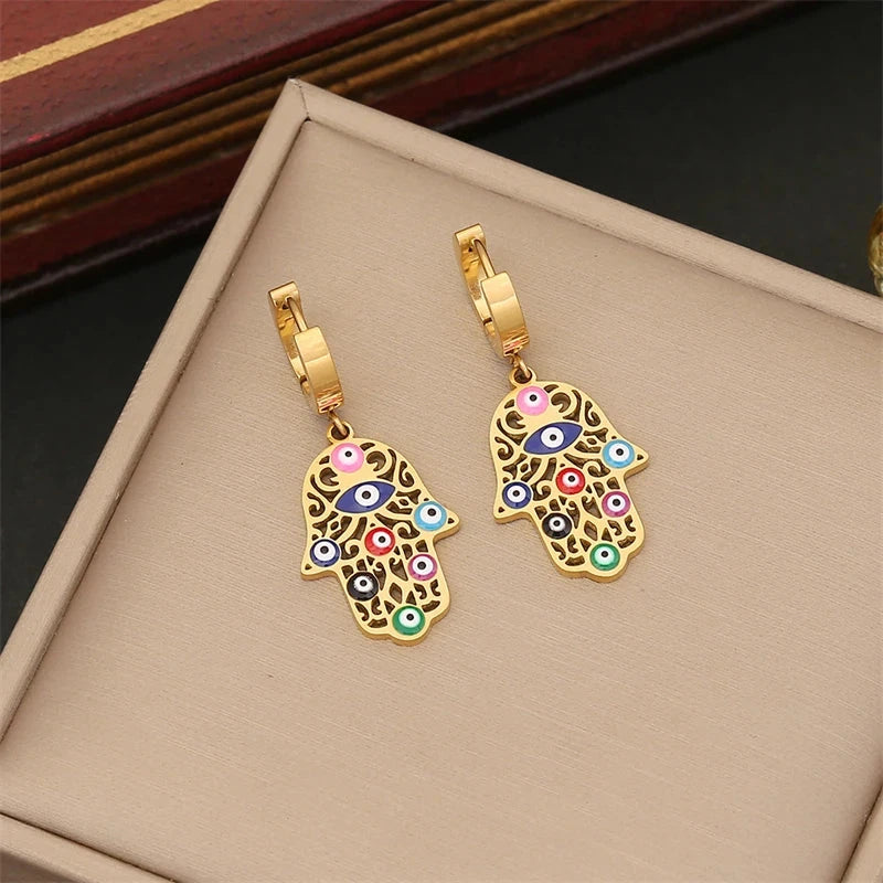 316L Stainless Steel New Fashion Fine Jewelry Colourful Eyes Palms Charm Hollow Thick Chain Necklace Bracelet Earrings For Women - AMULET RING STORE