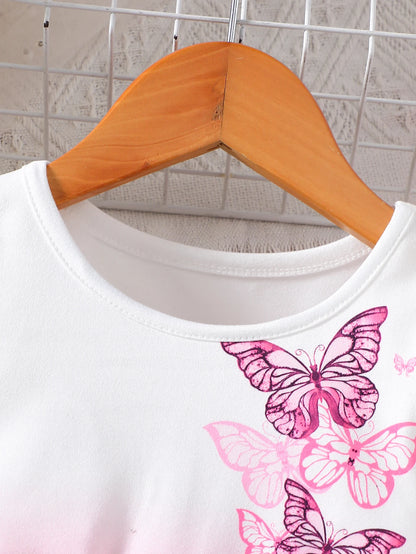 Girls Spring Summer Knitted Casual Fashion Round Neck Fly Sleeve Ruffle Butterfly Dresses