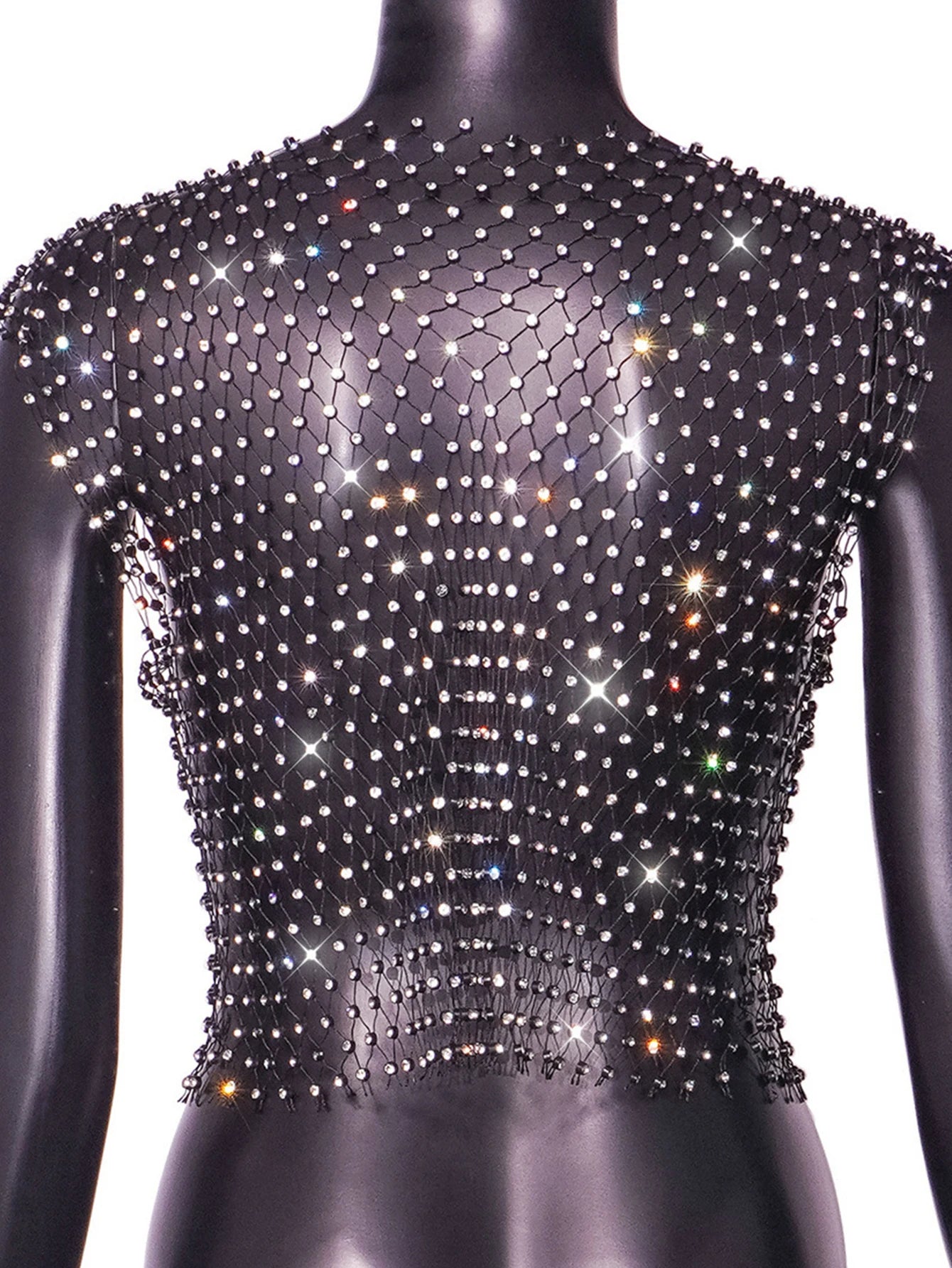Sexy see through black rhinestone Crop Top Women 2025 Summer Sparkly fishnet beach Party Tank Top night club outfits Tops smock - AMULET RING STORE