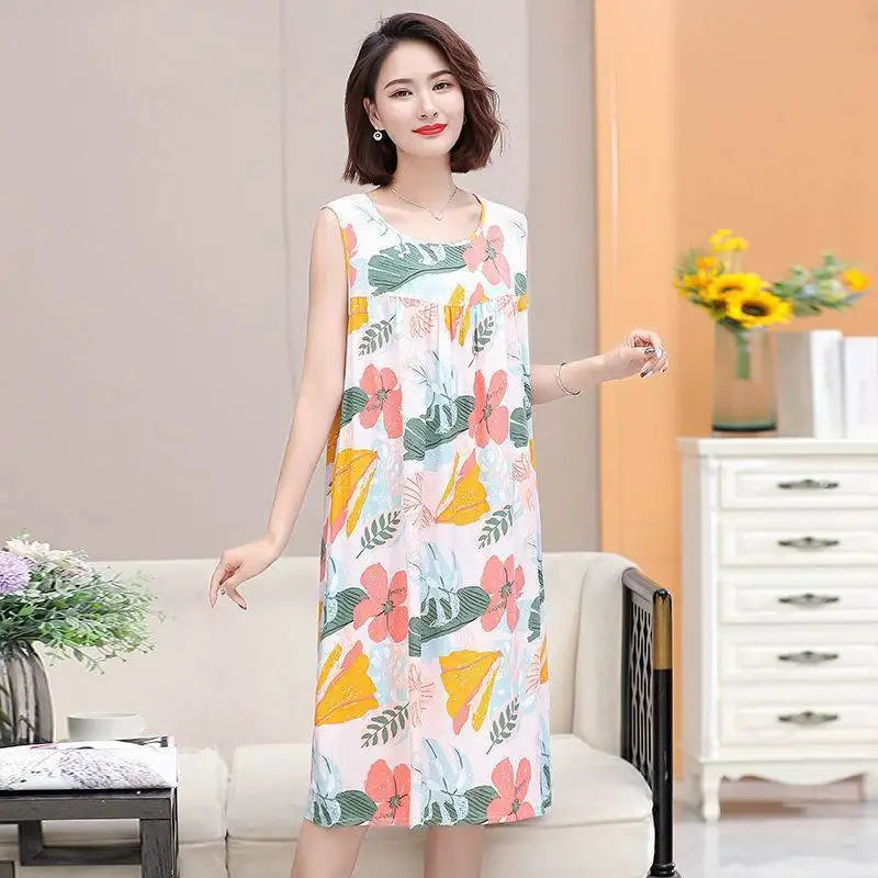 Summer Middle-Aged and Elderly Cotton Silk Nightgowns Pajamas Women's Dresses Large Size Mother's Casual Nightgowns Homewear - AMULET RING STORE