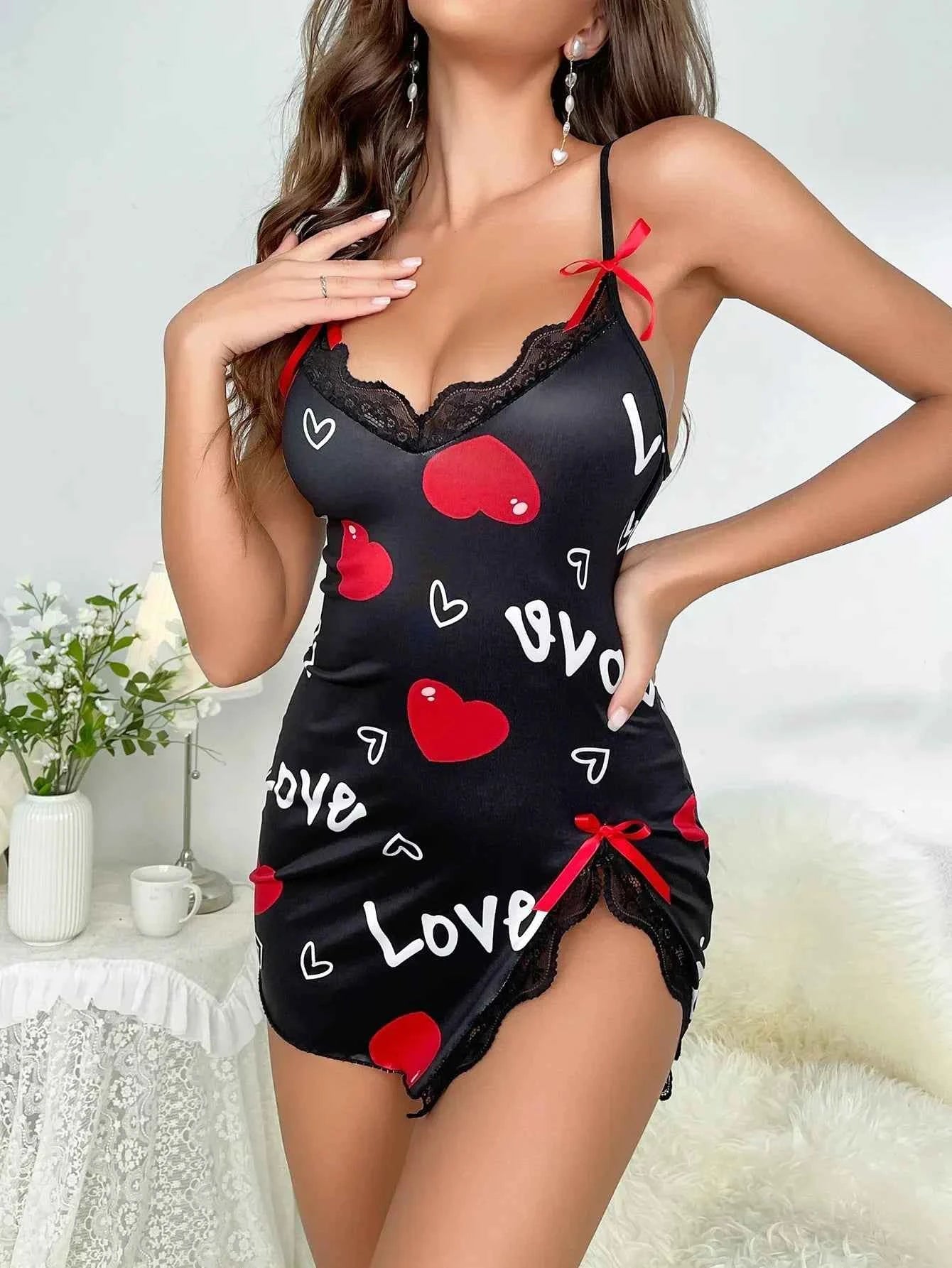 Heart Letter Floral Slip Nightdress Lace Trim Deep V Side Split Sleep Dress Soft Breathable Fabric For Women Night Gown