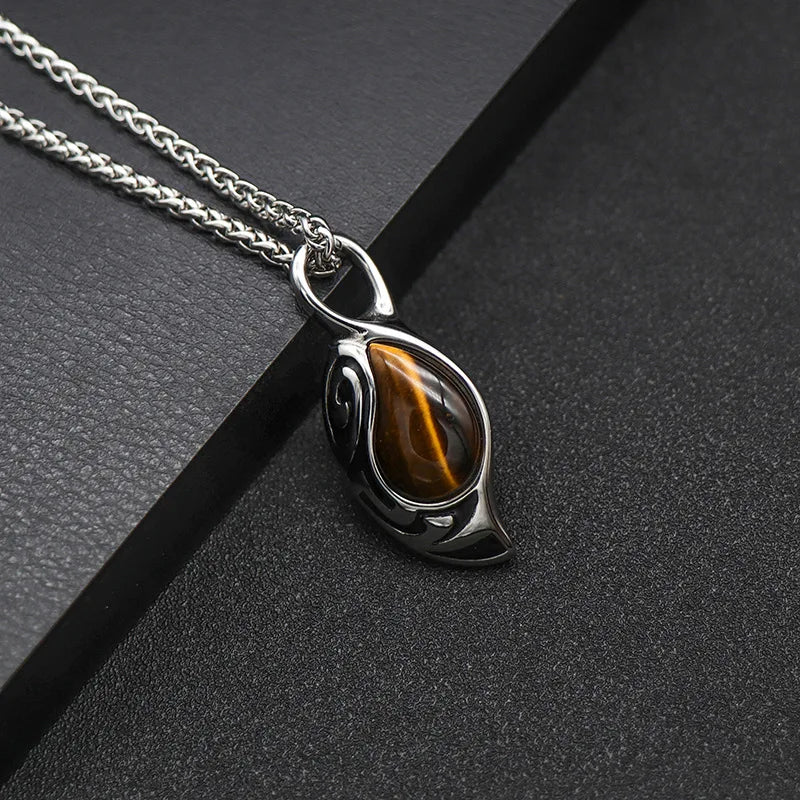 New Retro Silver Necklace for Men Natural Tiger Eye Stone Punk Style Unique Design Men's Long Chain Pendant Party Christmas Gift
