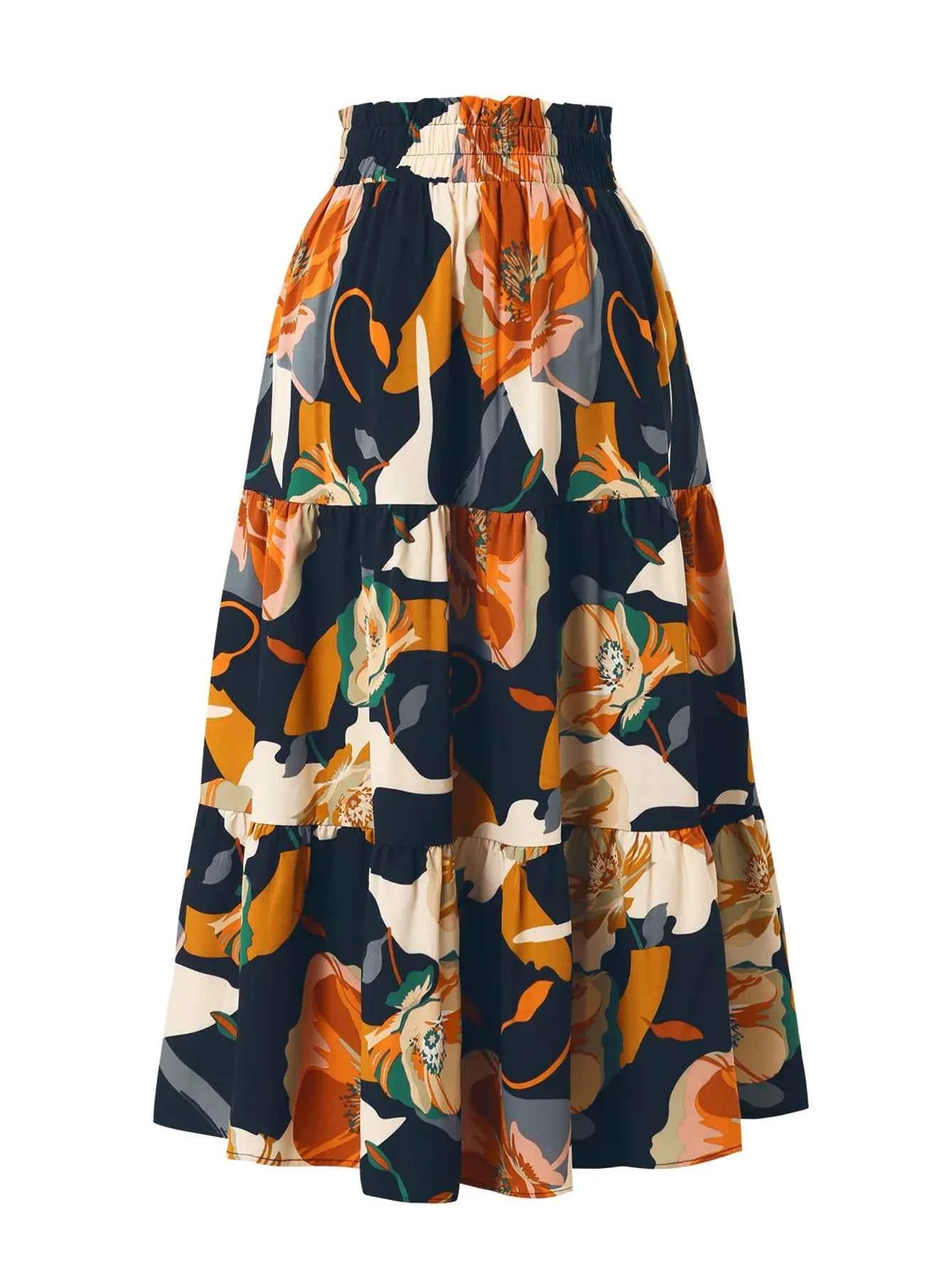 Women Floral Print Elastic Waist Pleated Skirt Multiple Colors All-match Lady Skirt