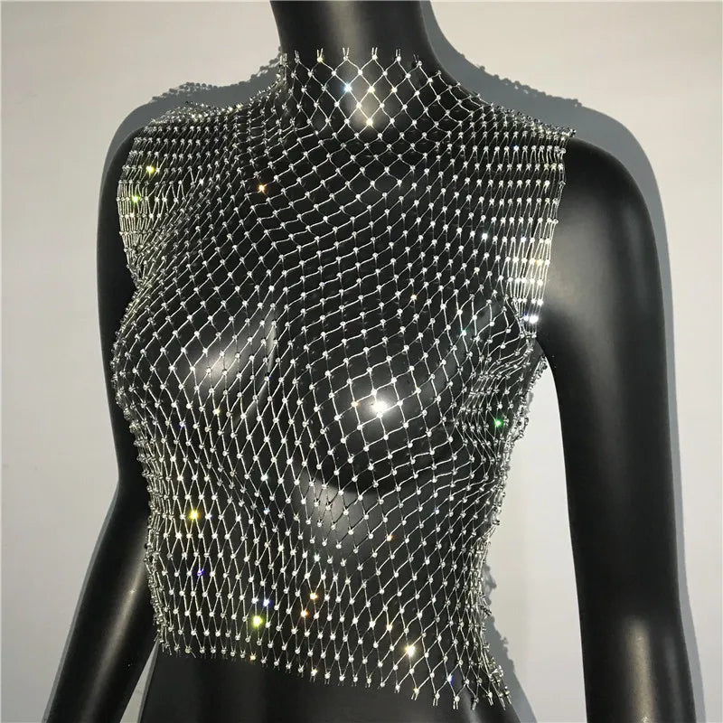 Women's Fishnet Rhinestone Crop Top 2024 Summer Sexy Mesh High Elastic Black White Shirt Net See Through Rave Diamond Tank Top - AMULET RING STORE