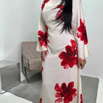Arabesque Bell Sleeve Flowy Maxi Abaya Dress Elegant Floral Print Muslim Modest Long Dress Islamic Vacation Outfit Summer Robe